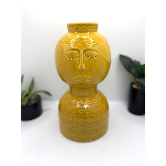 Three Hands Yellow Ceramic-Porcelain Decorative Vase With Face Design - Picture 5 of 8